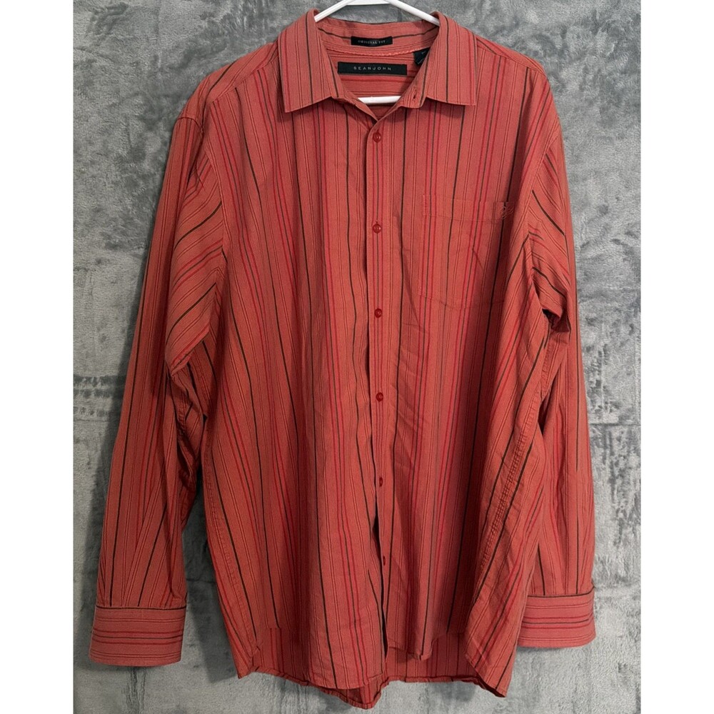 Y2K Sean John Original Fit Coral Orange Stripe Button Up Shirt Men's XXL Cotton